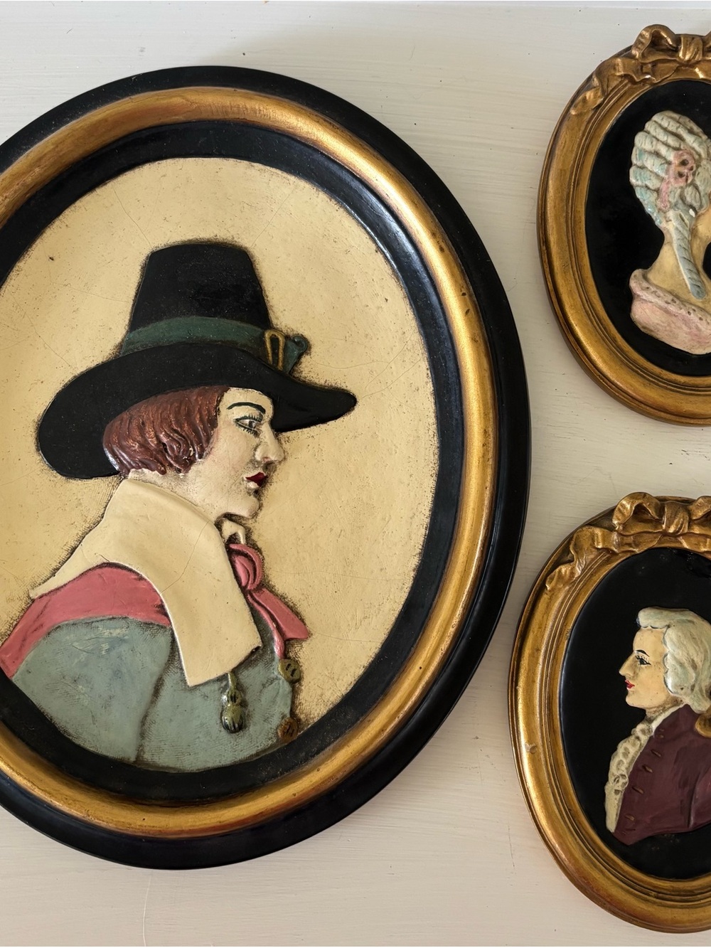 Set of 3 Oval Portrait Wood Plaques Relief Wall Hanging, Signed Sigal